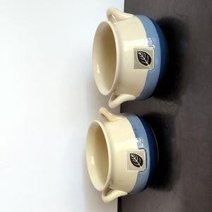 CALIFORNIA PANTRY Classic Ceramic Soup Bowls Blue/Beige with leaf Set of 2